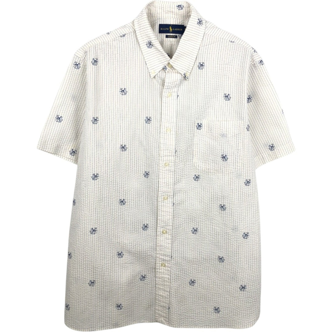 Ralph Lauren CLASSIC FIT All-over print seersucker short-sleeve button-down striped shirt, men's size XL (approx.) cotton white type Vintage Second Hand