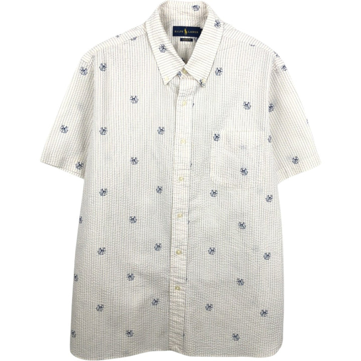 Ralph Lauren CLASSIC FIT All-over print seersucker short-sleeve button-down striped shirt, men's size XL (approx.) cotton white type Vintage Second Hand