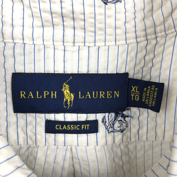 Ralph Lauren CLASSIC FIT All-over print seersucker short-sleeve button-down striped shirt, men's size XL (approx.) cotton white type Vintage Second Hand