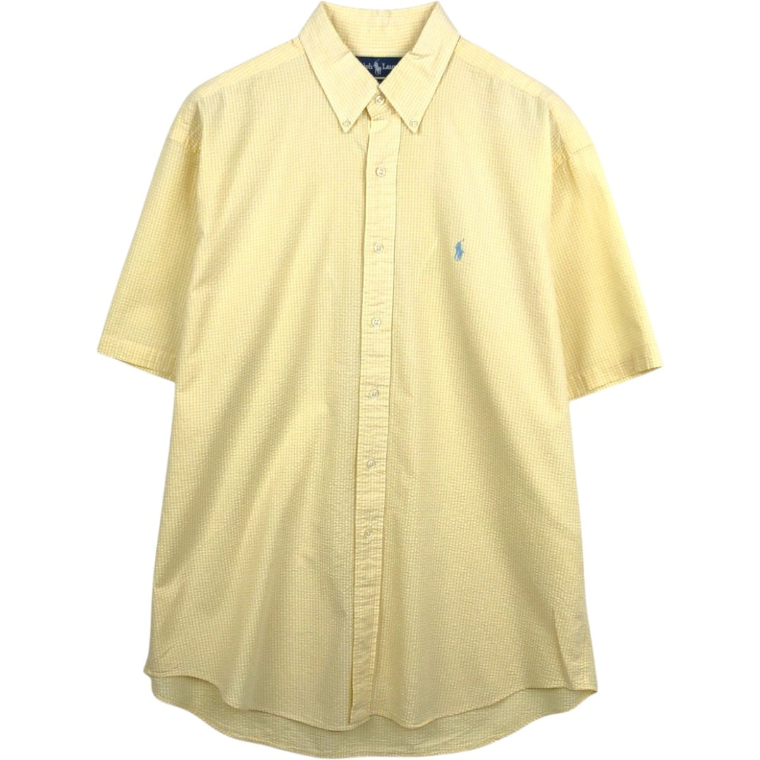 Ralph Lauren BLAKE Gingham Check Seersucker Short-Sleeve Button-Down Check Shirt, Men's Size L (approx.) cotton yellow type Vintage Second Hand