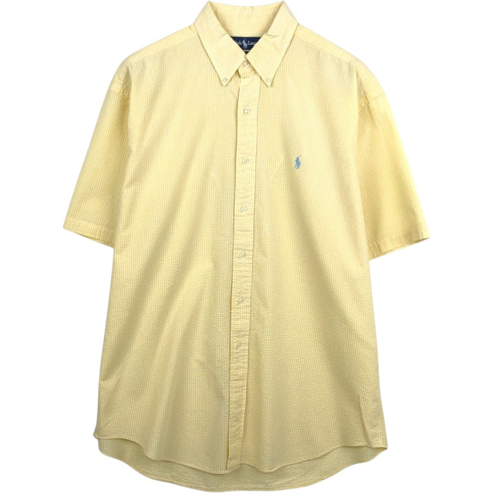 Ralph Lauren BLAKE Gingham Check Seersucker Short-Sleeve Button-Down Check Shirt, Men's Size L (approx.) cotton yellow type Vintage Second Hand