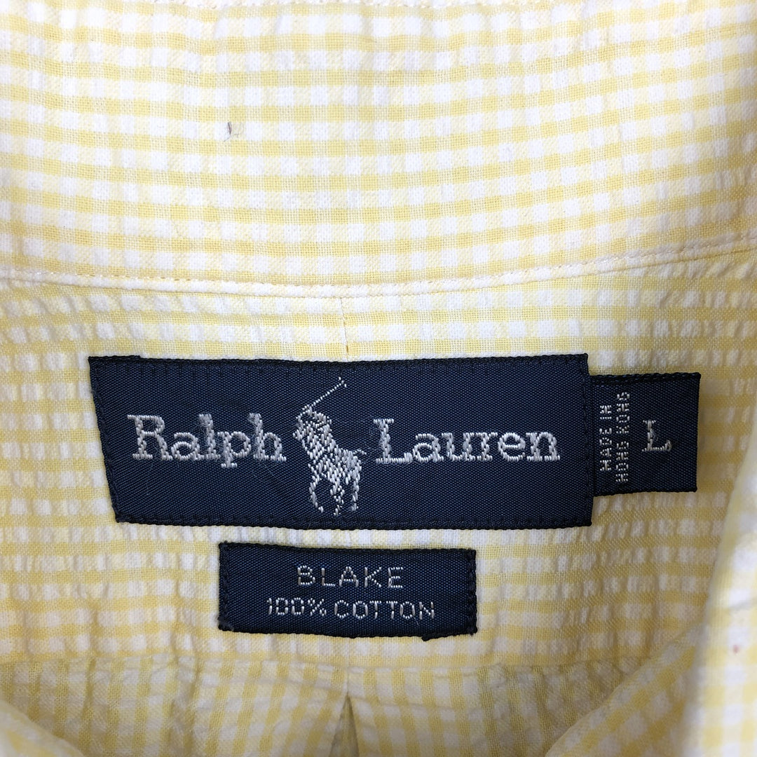 Ralph Lauren BLAKE Gingham Check Seersucker Short-Sleeve Button-Down Check Shirt, Men's Size L (approx.) cotton yellow type Vintage Second Hand