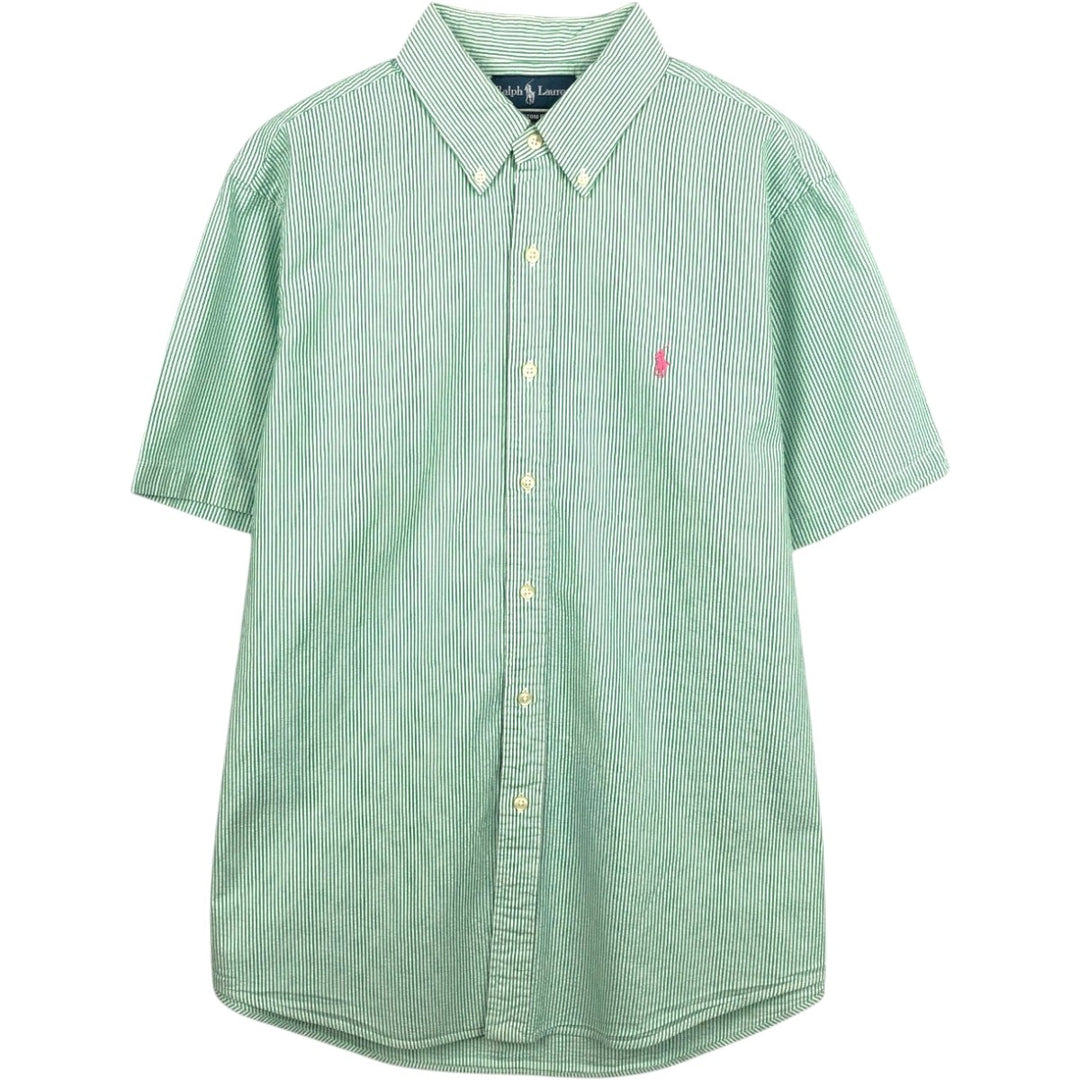 Ralph Lauren CUSTOM FIT Seersucker Short Sleeve Button Down Striped Shirt Men's L size cotton green type Vintage Second Hand