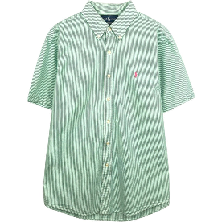 Ralph Lauren CUSTOM FIT Seersucker Short Sleeve Button Down Striped Shirt Men's L size cotton green type Vintage Second Hand