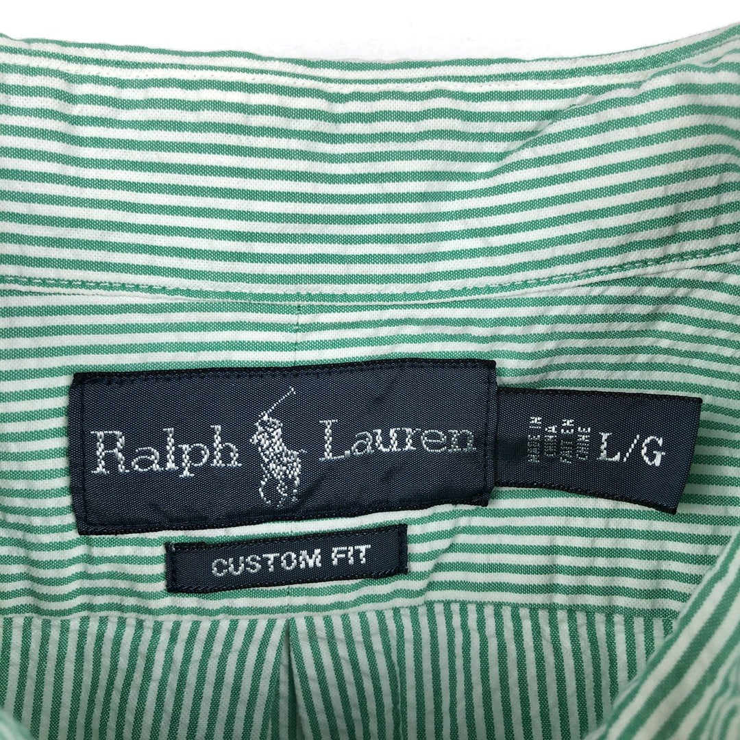 Ralph Lauren CUSTOM FIT Seersucker Short Sleeve Button Down Striped Shirt Men's L size cotton green type Vintage Second Hand