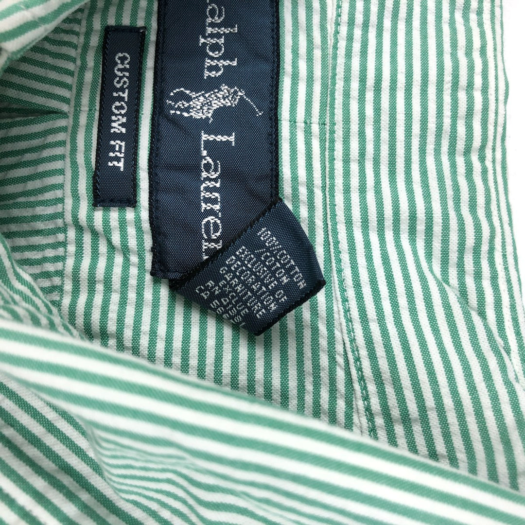 Ralph Lauren CUSTOM FIT Seersucker Short Sleeve Button Down Striped Shirt Men's L size cotton green type Vintage Second Hand