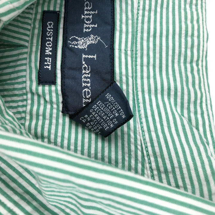 Ralph Lauren CUSTOM FIT Seersucker Short Sleeve Button Down Striped Shirt Men's L size cotton green type Vintage Second Hand