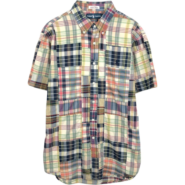 Ralph Lauren CUSTOM FIT Patchwork Short-Sleeve Button-Down Check Shirt, Men's Size L (approx.) cotton navy blue type Vintage Second Hand