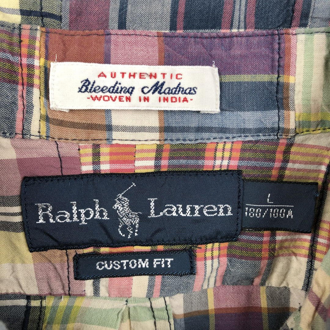 Ralph Lauren CUSTOM FIT Patchwork Short-Sleeve Button-Down Check Shirt, Men's Size L (approx.) cotton navy blue type Vintage Second Hand