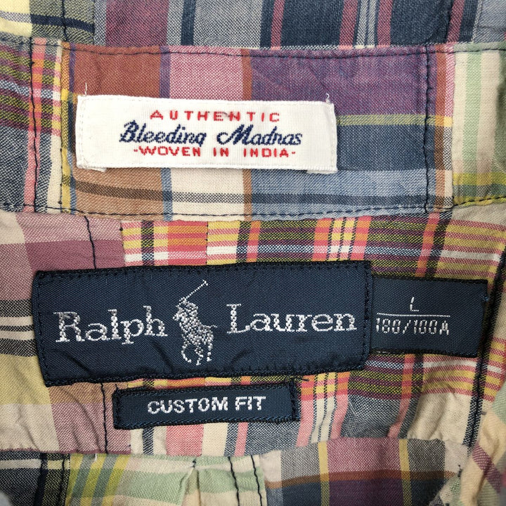 Ralph Lauren CUSTOM FIT Patchwork Short-Sleeve Button-Down Check Shirt, Men's Size L (approx.) cotton navy blue type Vintage Second Hand