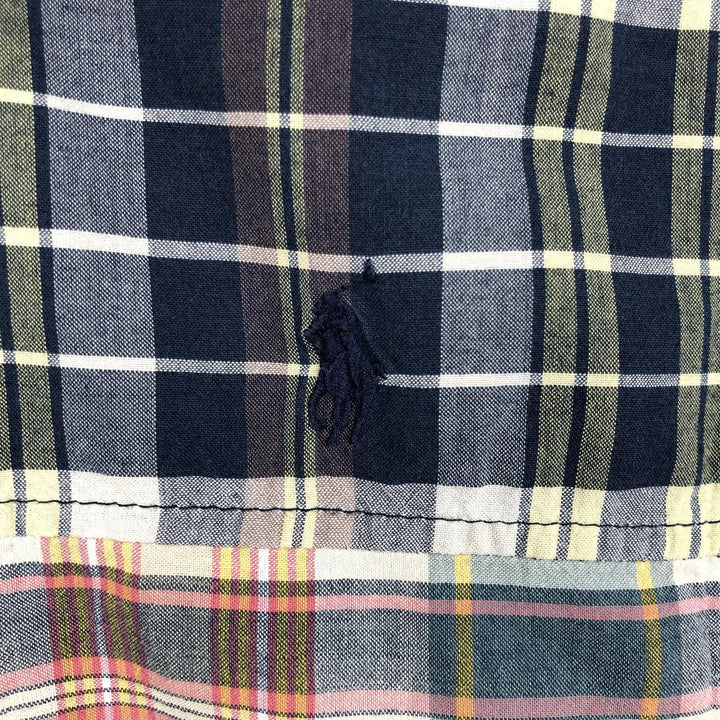 Ralph Lauren CUSTOM FIT Patchwork Short-Sleeve Button-Down Check Shirt, Men's Size L (approx.) cotton navy blue type Vintage Second Hand