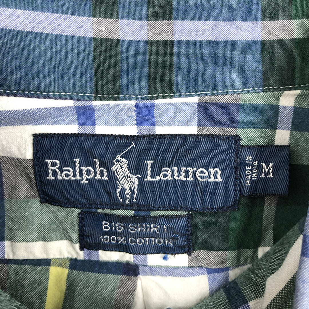 Ralph Lauren BIG SHIRT Short-Sleeve Button-Down Check Shirt, Men's Size M (approx.) cotton Navy blue Vintage Second Hand