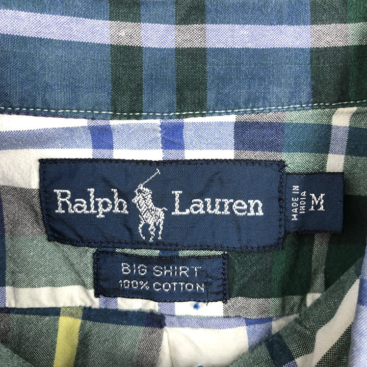 Ralph Lauren BIG SHIRT Short-Sleeve Button-Down Check Shirt, Men's Size M (approx.) cotton Navy blue Vintage Second Hand