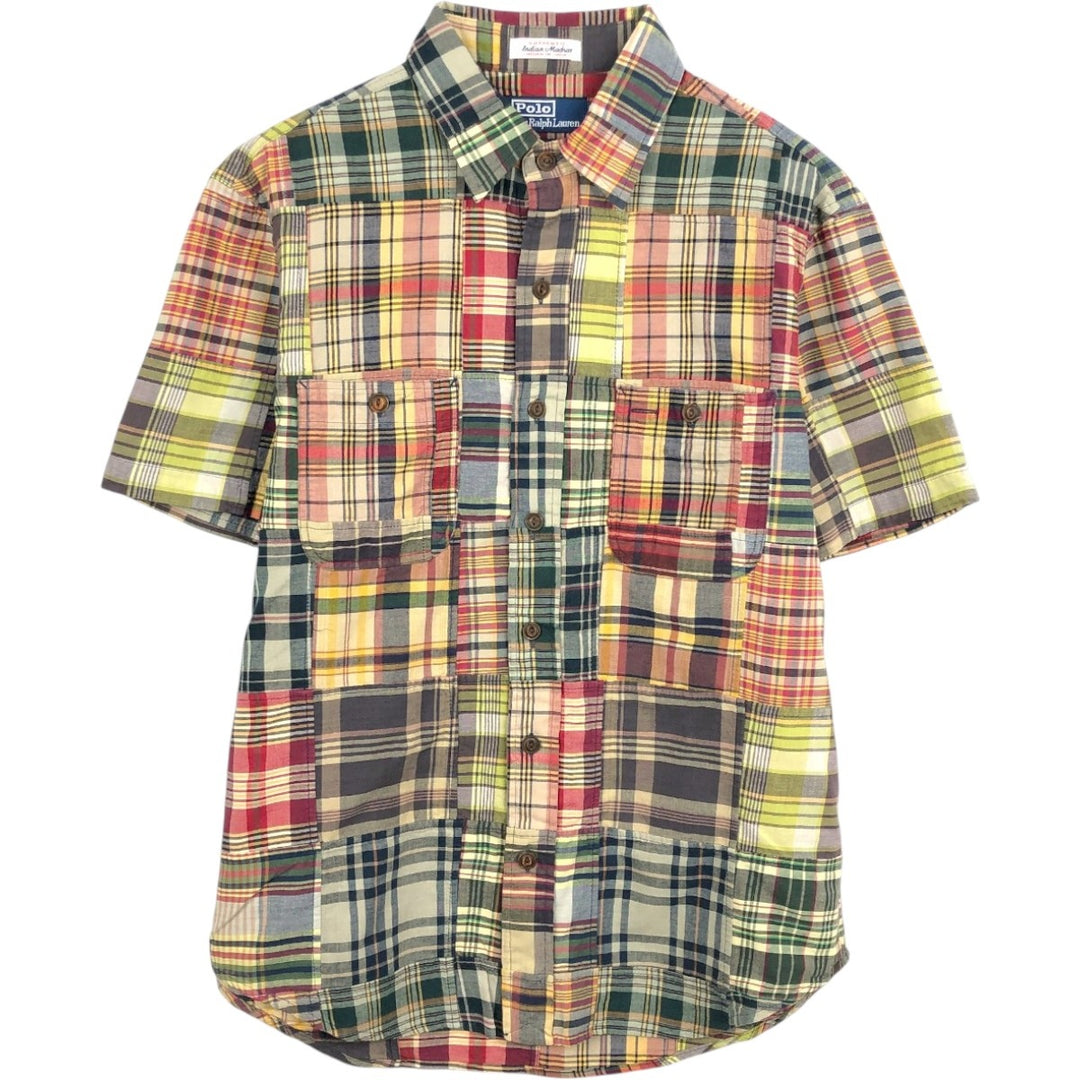 Ralph Lauren POLO by Ralph Lauren CLASSIC FIT INDIGO Patchwork Short-Sleeve Check Shirt (Men's Size M) unclear navy blue type Vintage Second Hand