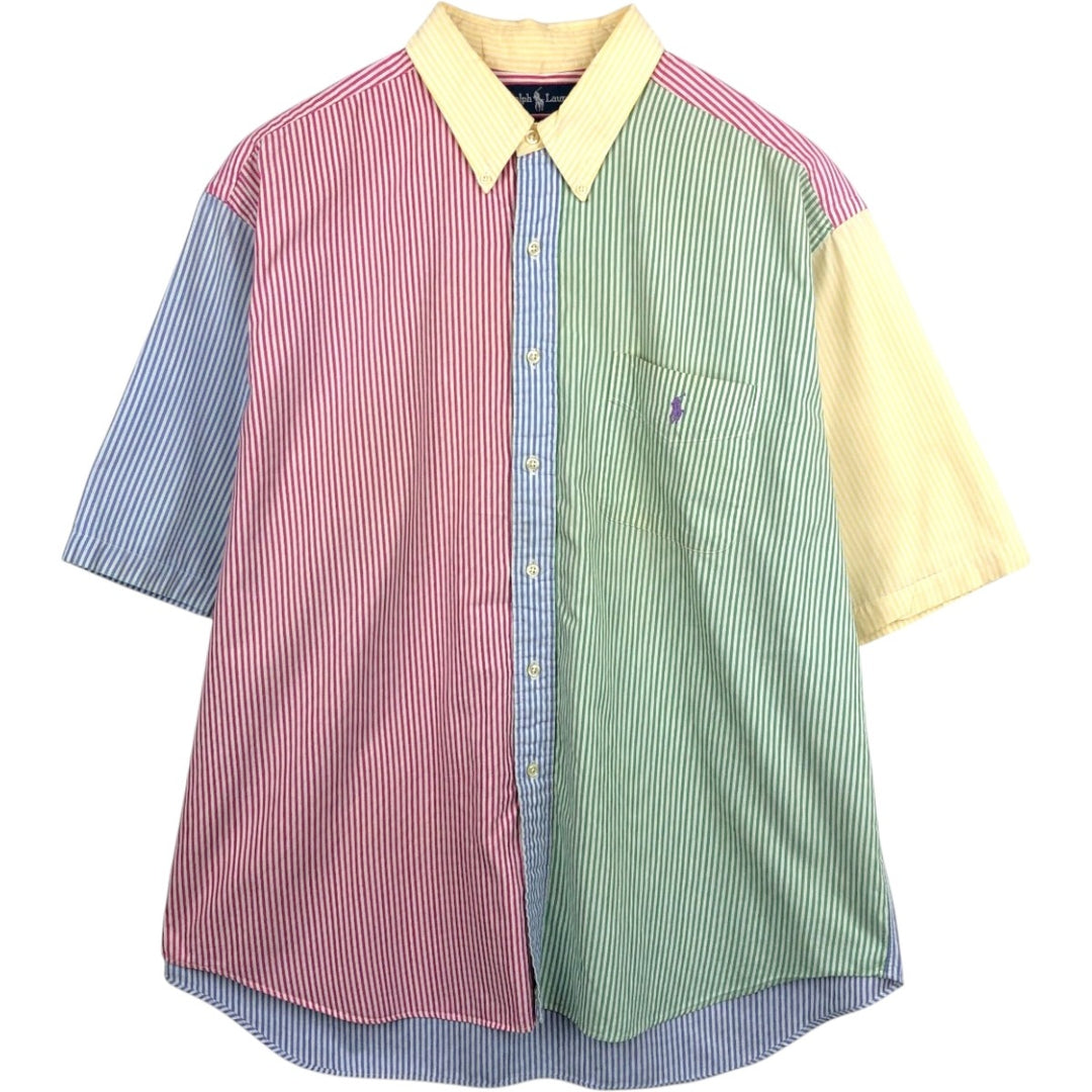 Ralph Lauren BIG SHIRT Crazy Pattern Short-Sleeve Button-Down Striped Shirt Men's Size XL (approx.) cotton red type Vintage Second Hand