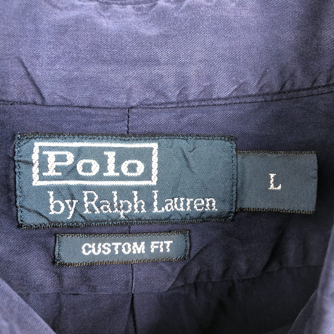 Ralph Lauren POLO by Ralph Lauren CUSTOM FIT short sleeve button down shirt, men's size L silk navy blue type Vintage Second Hand