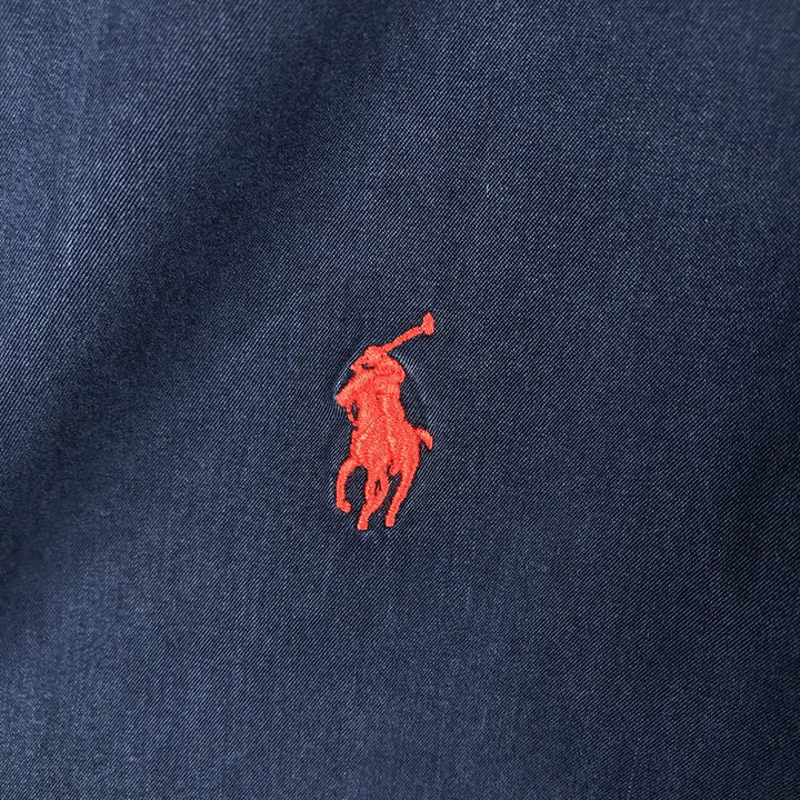 Ralph Lauren POLO by Ralph Lauren CUSTOM FIT short sleeve button down shirt, men's size L silk navy blue type Vintage Second Hand