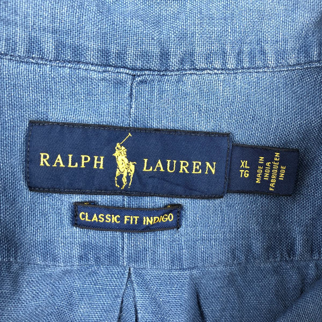 Ralph Lauren CLASSIC FIT INDIGO Short-Sleeve Button-Down Shirt, Men's Size XL (approx.) cotton Indigo Vintage Second Hand