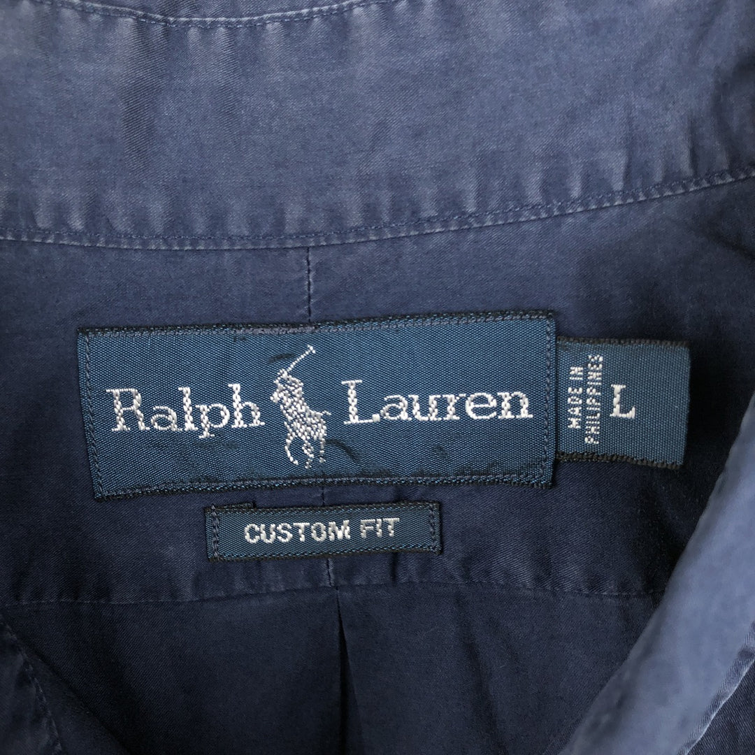 Ralph Lauren CUSTOM FIT short sleeve button down shirt, men's size L cotton navy blue type Vintage Second Hand