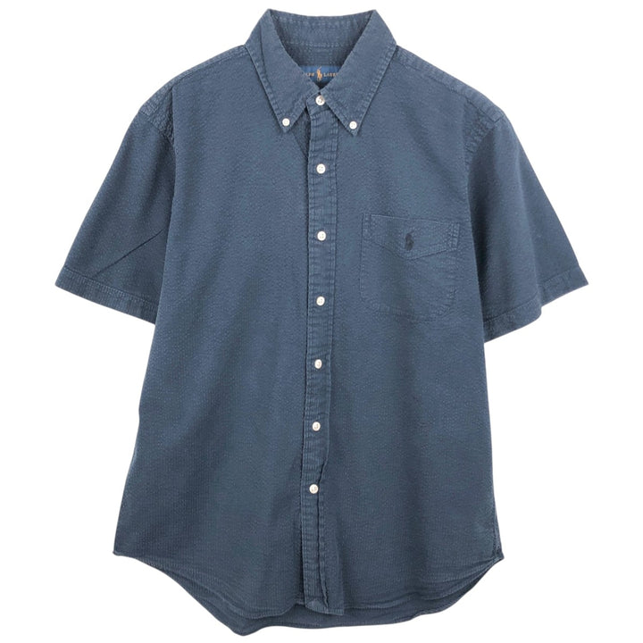 Ralph Lauren seersucker short-sleeved button-down shirt, men's size M (approx.) cotton navy blue type Vintage Second Hand