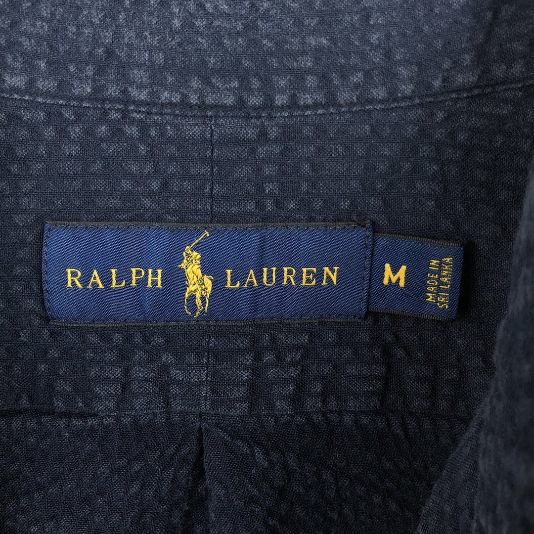 Ralph Lauren seersucker short-sleeved button-down shirt, men's size M (approx.) cotton navy blue type Vintage Second Hand
