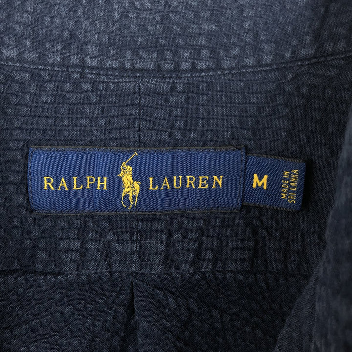 Ralph Lauren seersucker short-sleeved button-down shirt, men's size M (approx.) cotton navy blue type Vintage Second Hand