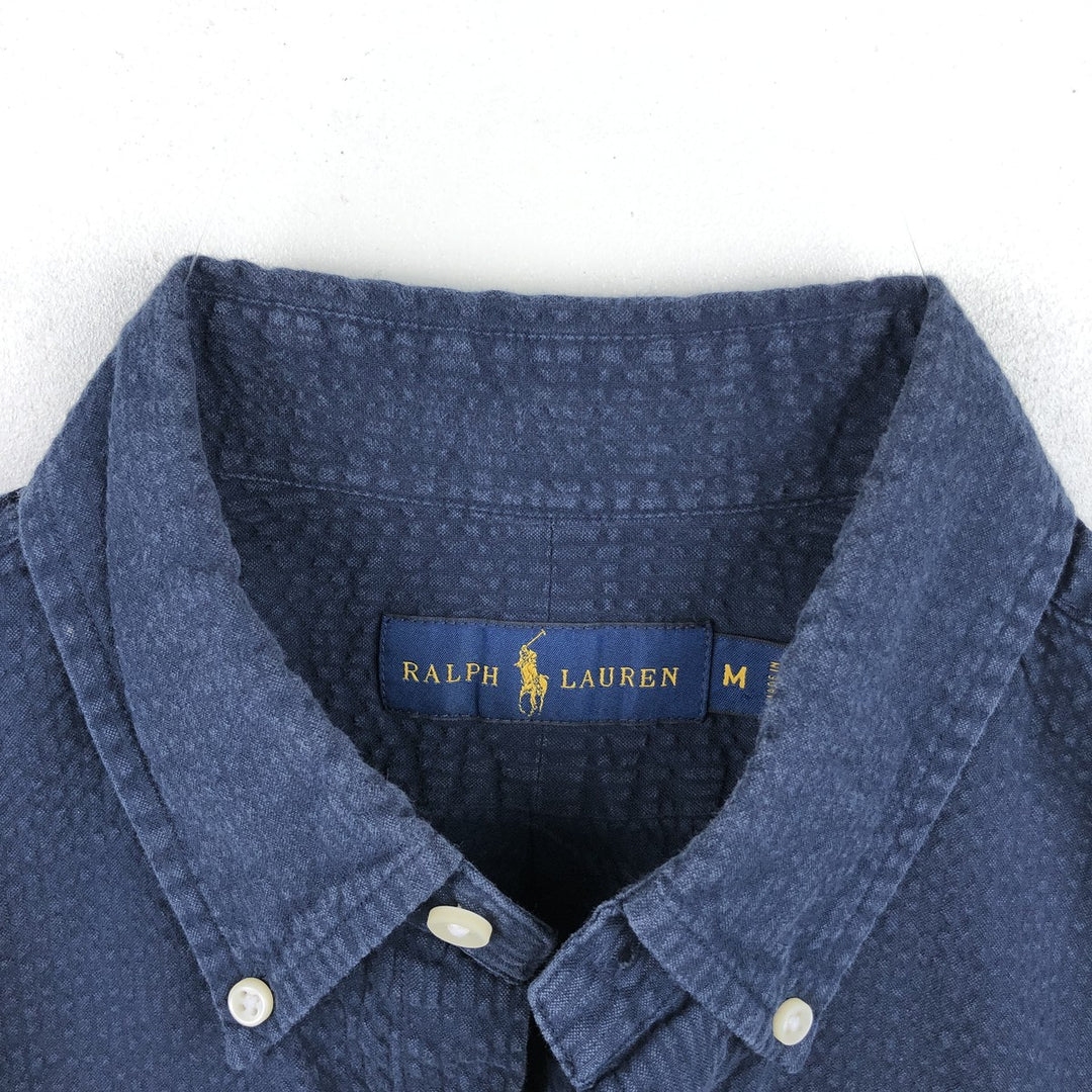 Ralph Lauren seersucker short-sleeved button-down shirt, men's size M (approx.) cotton navy blue type Vintage Second Hand