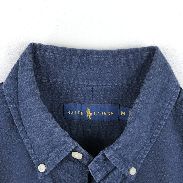 Ralph Lauren seersucker short-sleeved button-down shirt, men's size M (approx.) cotton navy blue type Vintage Second Hand