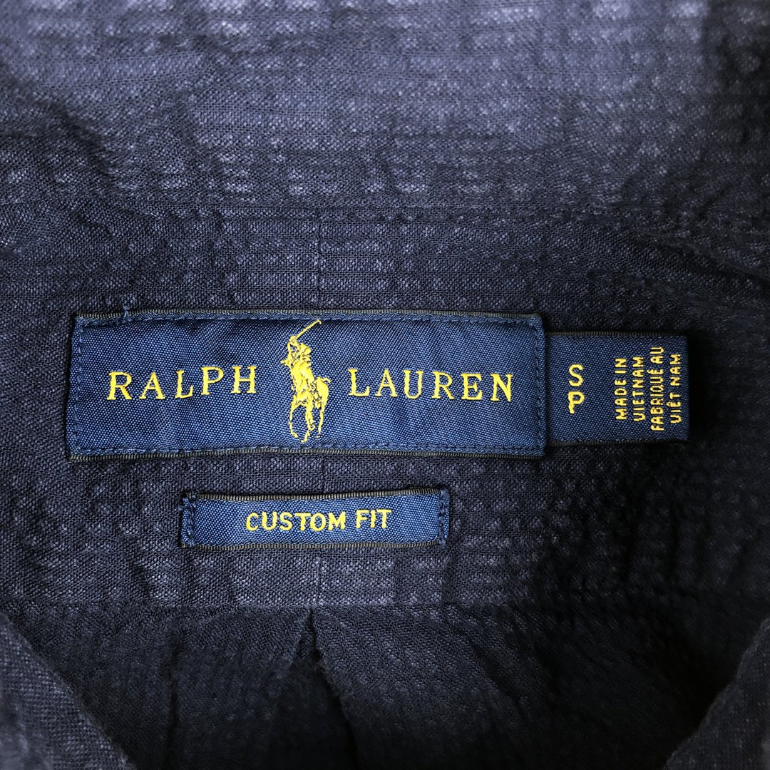 Ralph Lauren RALPH LAUREN CUSTOM FIT Seersucker Short-Sleeve Button-Down Shirt, Men's Size S (approx.) cotton navy blue type Vintage Second Hand