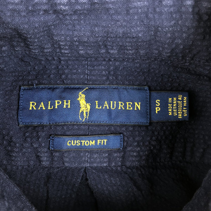 Ralph Lauren RALPH LAUREN CUSTOM FIT Seersucker Short-Sleeve Button-Down Shirt, Men's Size S (approx.) cotton navy blue type Vintage Second Hand
