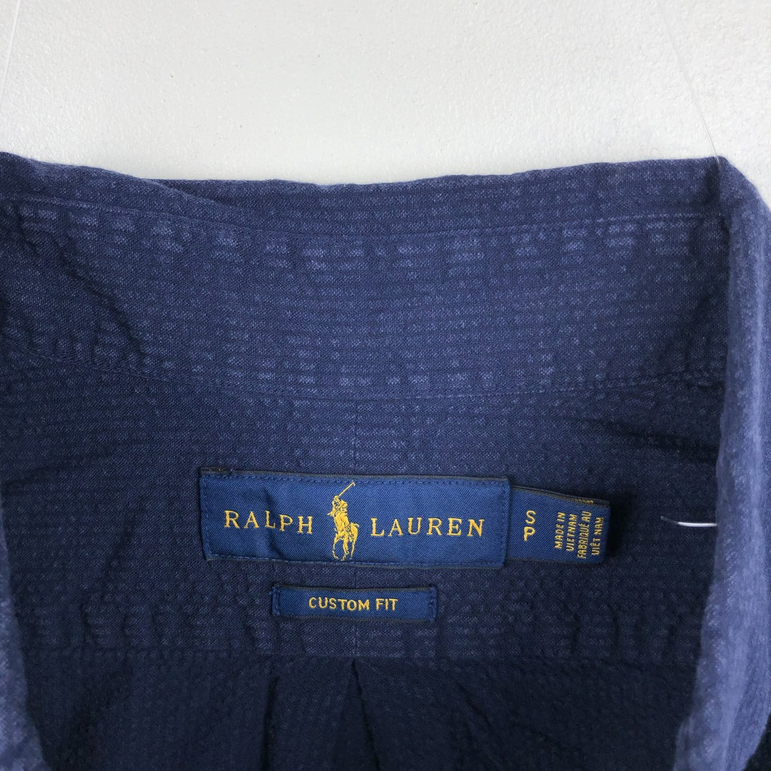 Ralph Lauren RALPH LAUREN CUSTOM FIT Seersucker Short-Sleeve Button-Down Shirt, Men's Size S (approx.) cotton navy blue type Vintage Second Hand