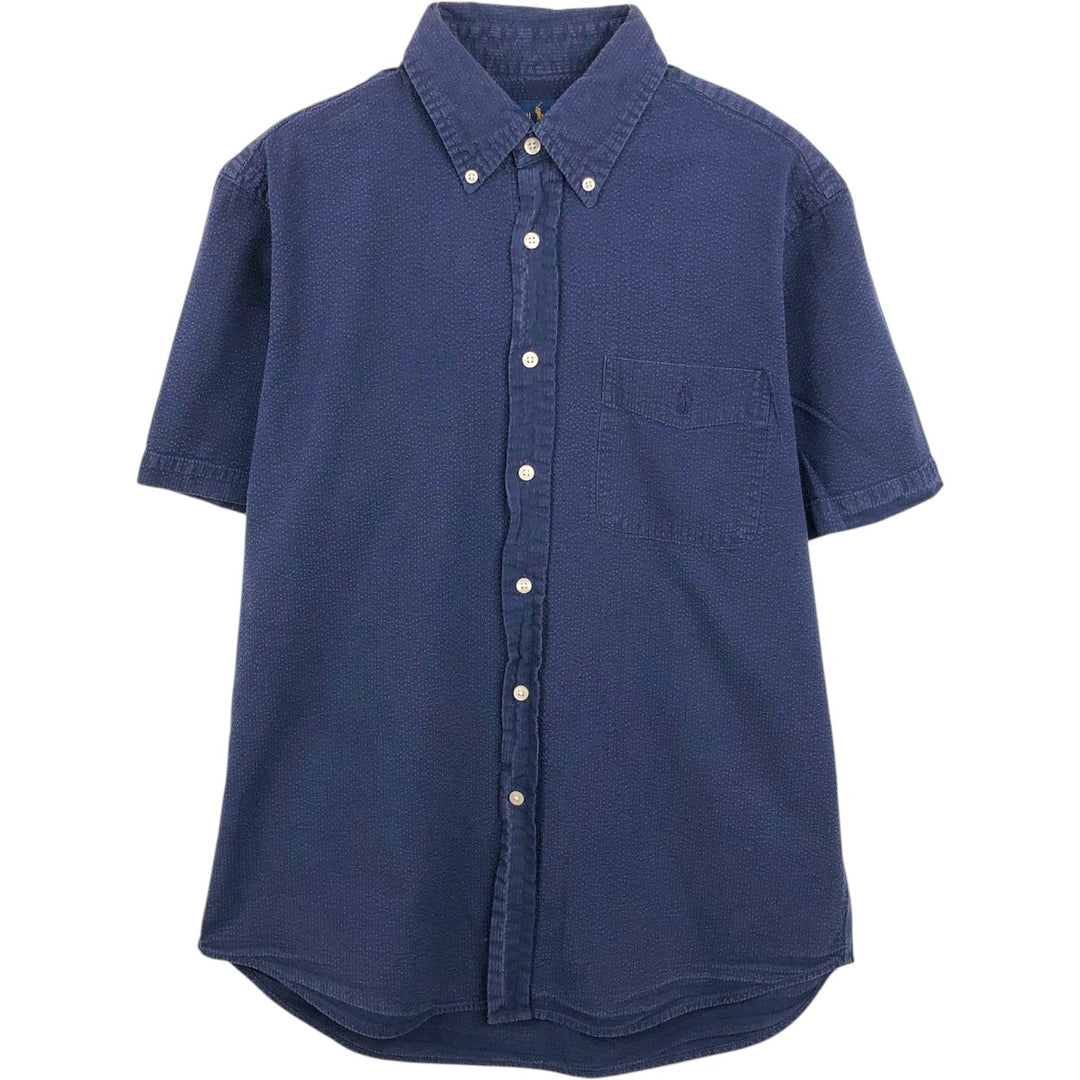 Ralph Lauren Seersucker Short-Sleeve Button-Down Shirt, Men's Size M (approx.) cotton navy blue type Vintage Second Hand