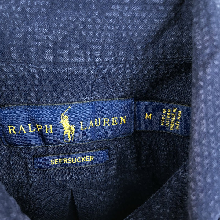Ralph Lauren Seersucker Short-Sleeve Button-Down Shirt, Men's Size M (approx.) cotton navy blue type Vintage Second Hand