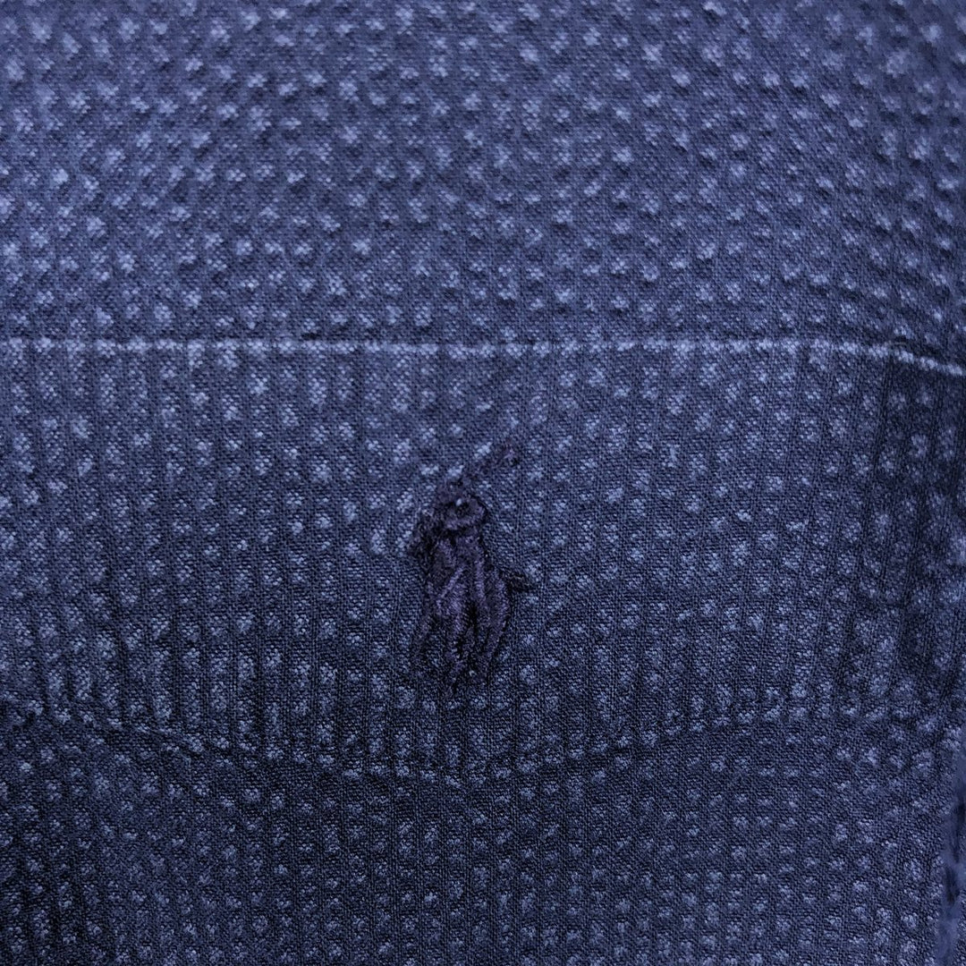 Ralph Lauren Seersucker Short-Sleeve Button-Down Shirt, Men's Size M (approx.) cotton navy blue type Vintage Second Hand