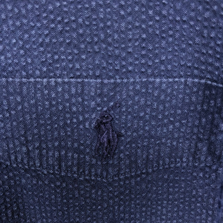 Ralph Lauren Seersucker Short-Sleeve Button-Down Shirt, Men's Size M (approx.) cotton navy blue type Vintage Second Hand