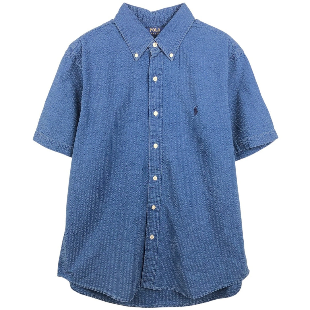 Ralph Lauren POLO RALPH LAUREN CLASSIC FIT Seersucker Short-Sleeve Button-Down Shirt, Men's Size L (approx.) cotton navy blue type Vintage Second Hand