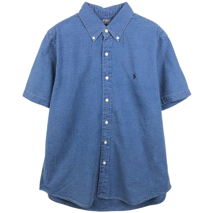 Ralph Lauren POLO RALPH LAUREN CLASSIC FIT Seersucker Short-Sleeve Button-Down Shirt, Men's Size L (approx.) cotton navy blue type Vintage Second Hand