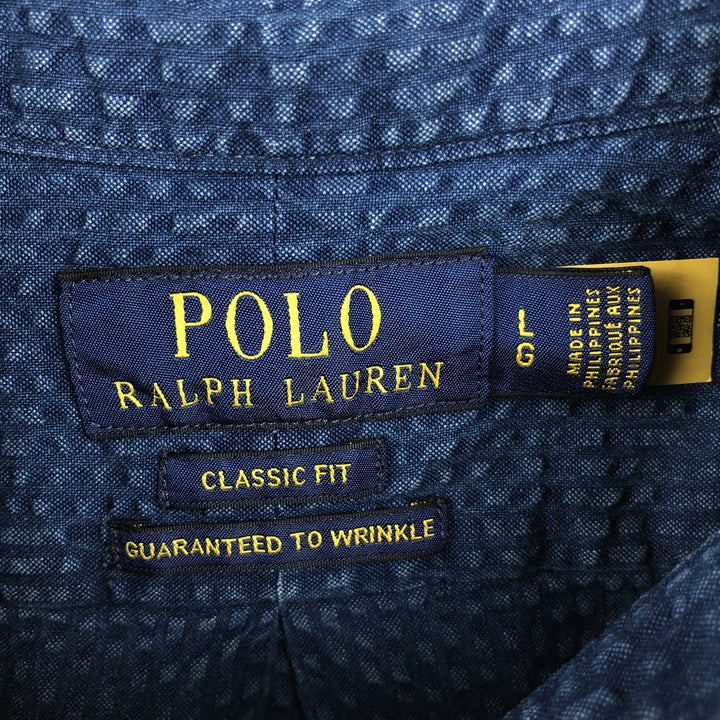 Ralph Lauren POLO RALPH LAUREN CLASSIC FIT Seersucker Short-Sleeve Button-Down Shirt, Men's Size L (approx.) cotton navy blue type Vintage Second Hand