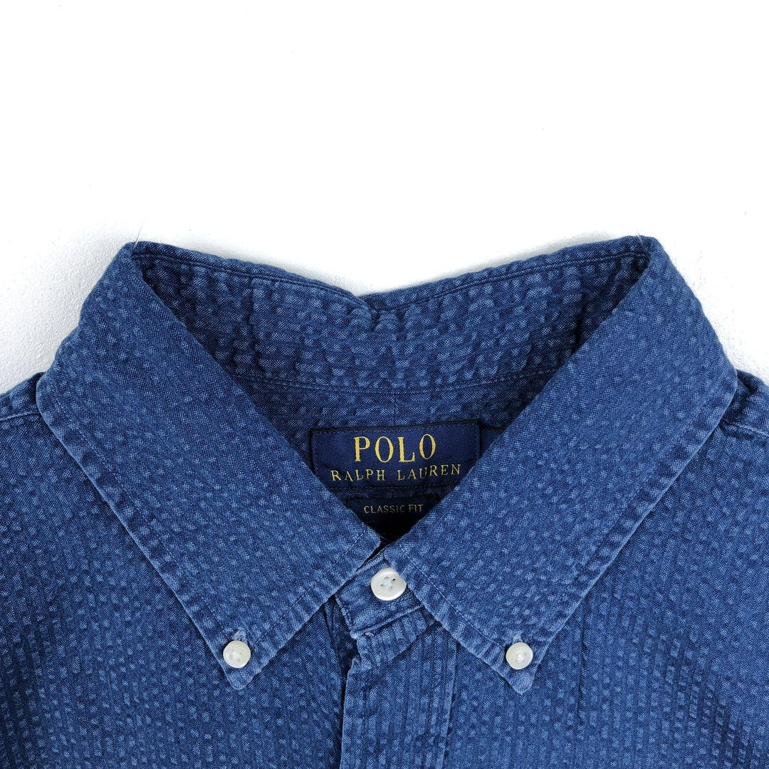 Ralph Lauren POLO RALPH LAUREN CLASSIC FIT Seersucker Short-Sleeve Button-Down Shirt, Men's Size L (approx.) cotton navy blue type Vintage Second Hand