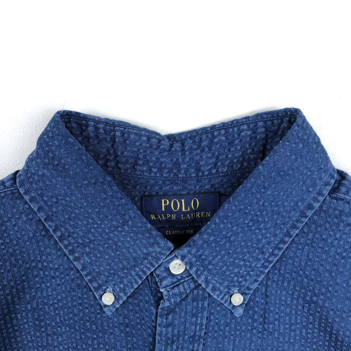 Ralph Lauren POLO RALPH LAUREN CLASSIC FIT Seersucker Short-Sleeve Button-Down Shirt, Men's Size L (approx.) cotton navy blue type Vintage Second Hand