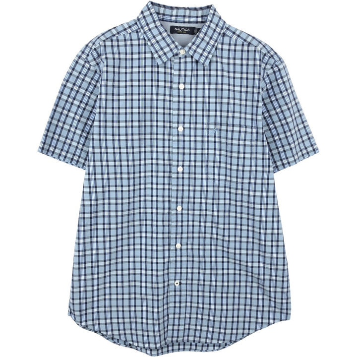 Nautica short-sleeved cotton check shirt (2000s-2019), men's size M (approx.) cotton Blue type light blue Vintage Second Hand