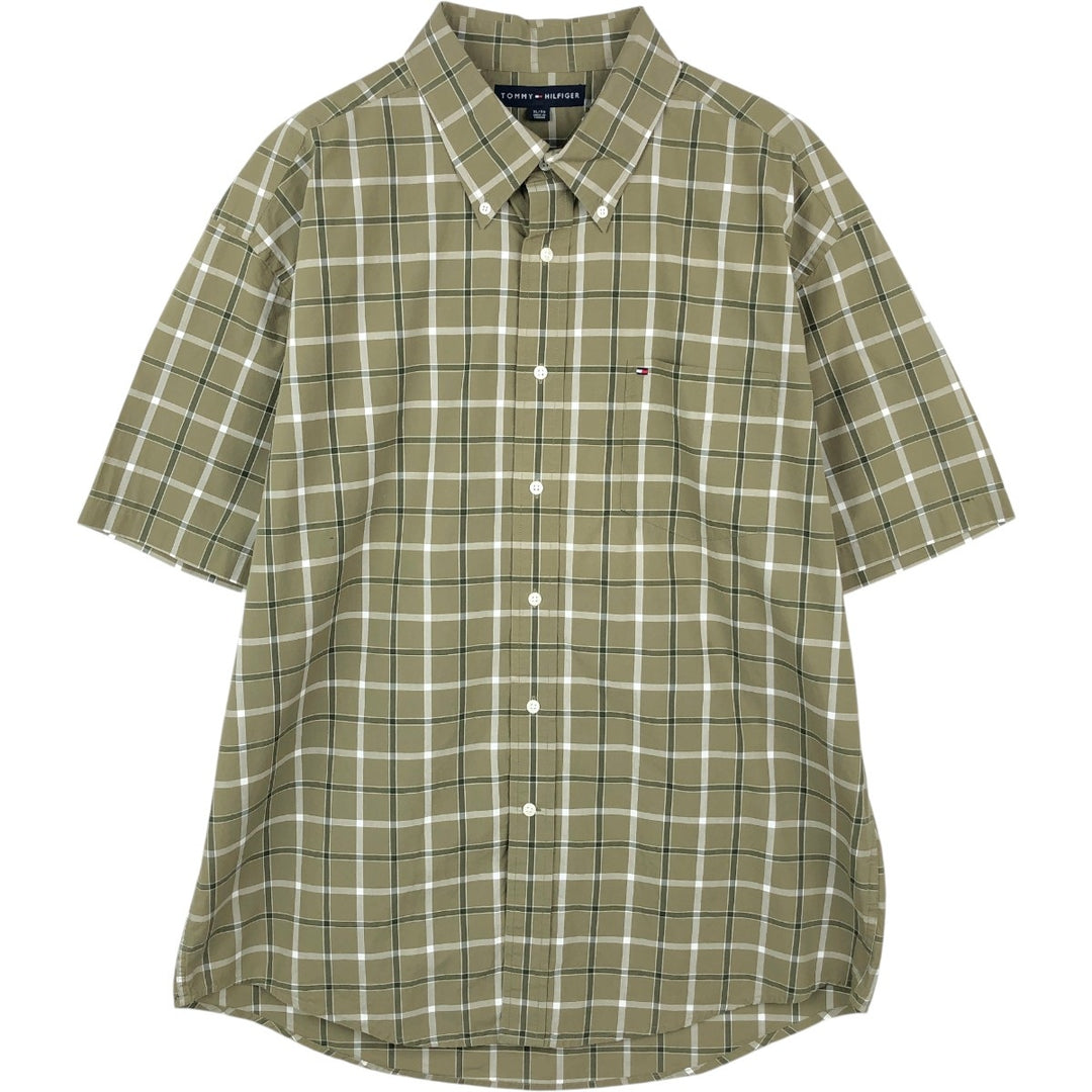 Tommy Hilfiger short-sleeved button-down checked shirt, men's size XL unclear Khaki type sage green Vintage Second Hand