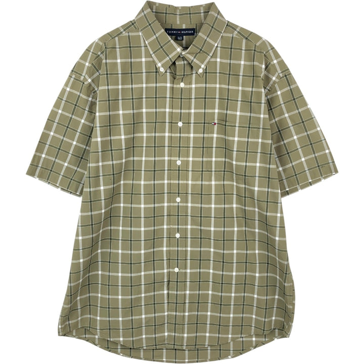 Tommy Hilfiger short-sleeved button-down checked shirt, men's size XL unclear Khaki type sage green Vintage Second Hand