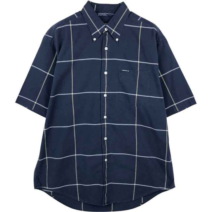90'S NAUTICA short sleeve button down check shirt, men's size M, vintage cotton navy blue type Vintage Second Hand