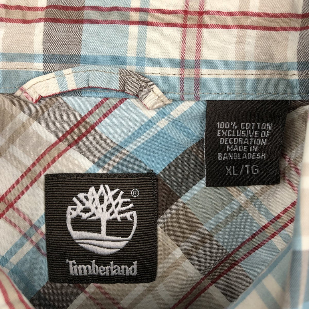 Timberland Men's Short Sleeve Button-Down Check Shirt, Size XL cotton Blue type light blue Vintage Second Hand