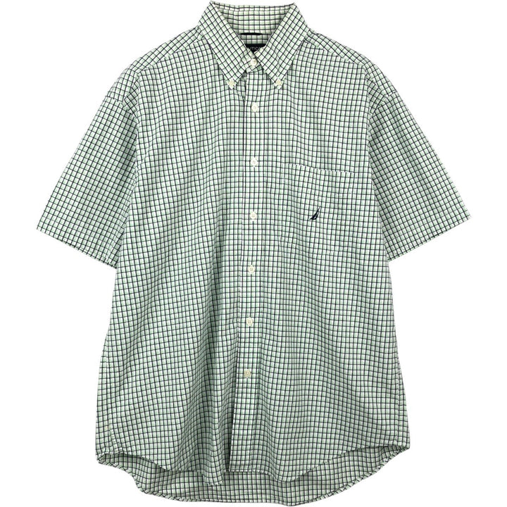 Nautica long-sleeved button-down check shirt, men's size L (approx.) cotton green type yellow green Vintage Second Hand