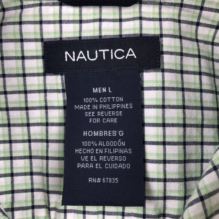 Nautica long-sleeved button-down check shirt, men's size L (approx.) cotton green type yellow green Vintage Second Hand