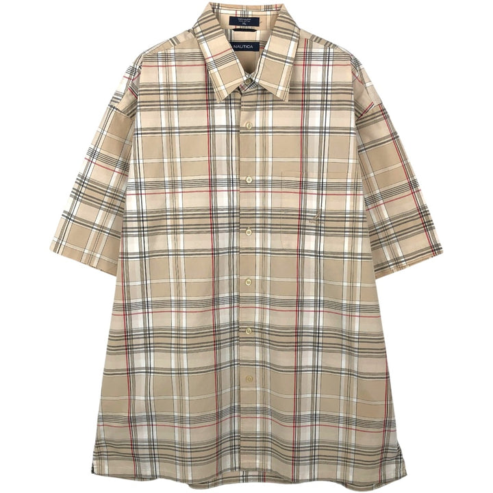 Nautica Check Pattern Short-Sleeve Box Shirt, Men's Size XL (approx.) cotton Beige type Vintage Second Hand