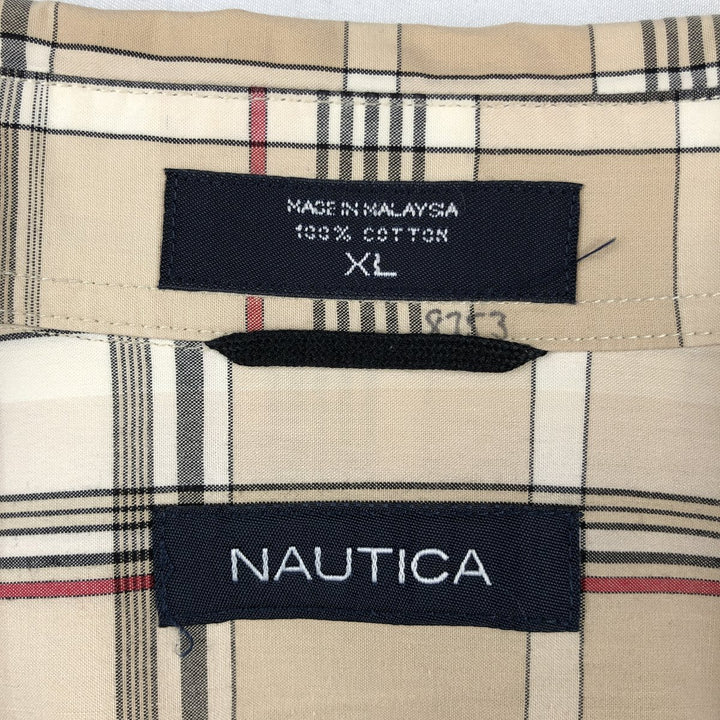 Nautica Check Pattern Short-Sleeve Box Shirt, Men's Size XL (approx.) cotton Beige type Vintage Second Hand