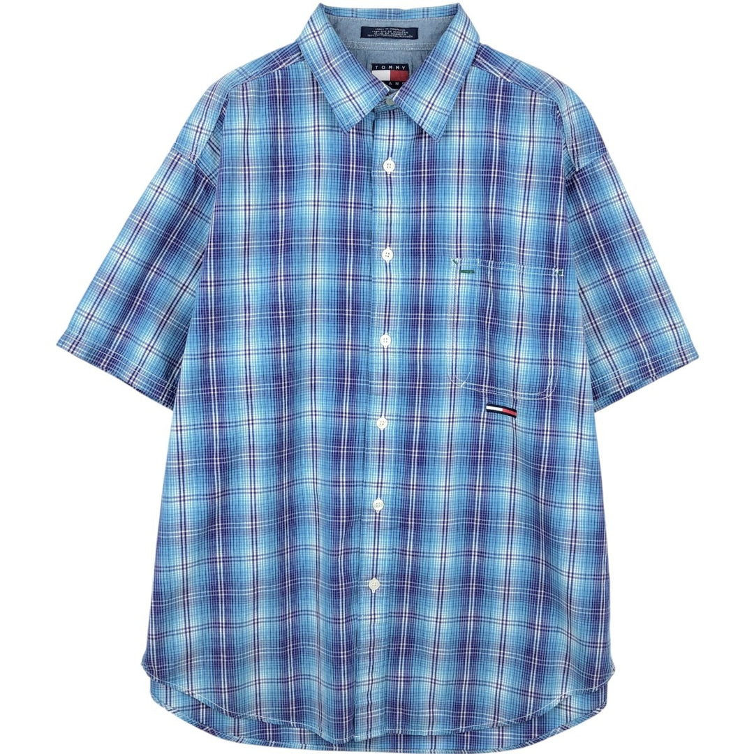 90'S Tommy Hilfiger 80's 2-ply fabric short-sleeved cotton check shirt, men's size L equivalent. cotton blue type Vintage Second Hand
